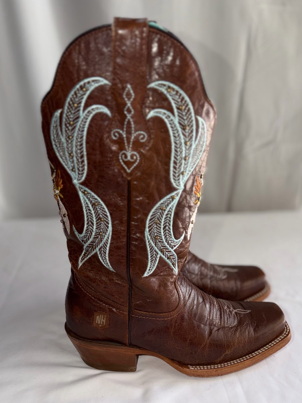 Embroidered Brown Leather Western Heeled Boots